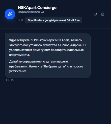 Панель ИИ-консьержа: приветствие и подпись модели OpenRouter / Gemma